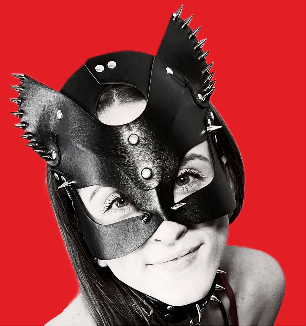 Super Hot Silver Spiked BDSM Black Cat Mask